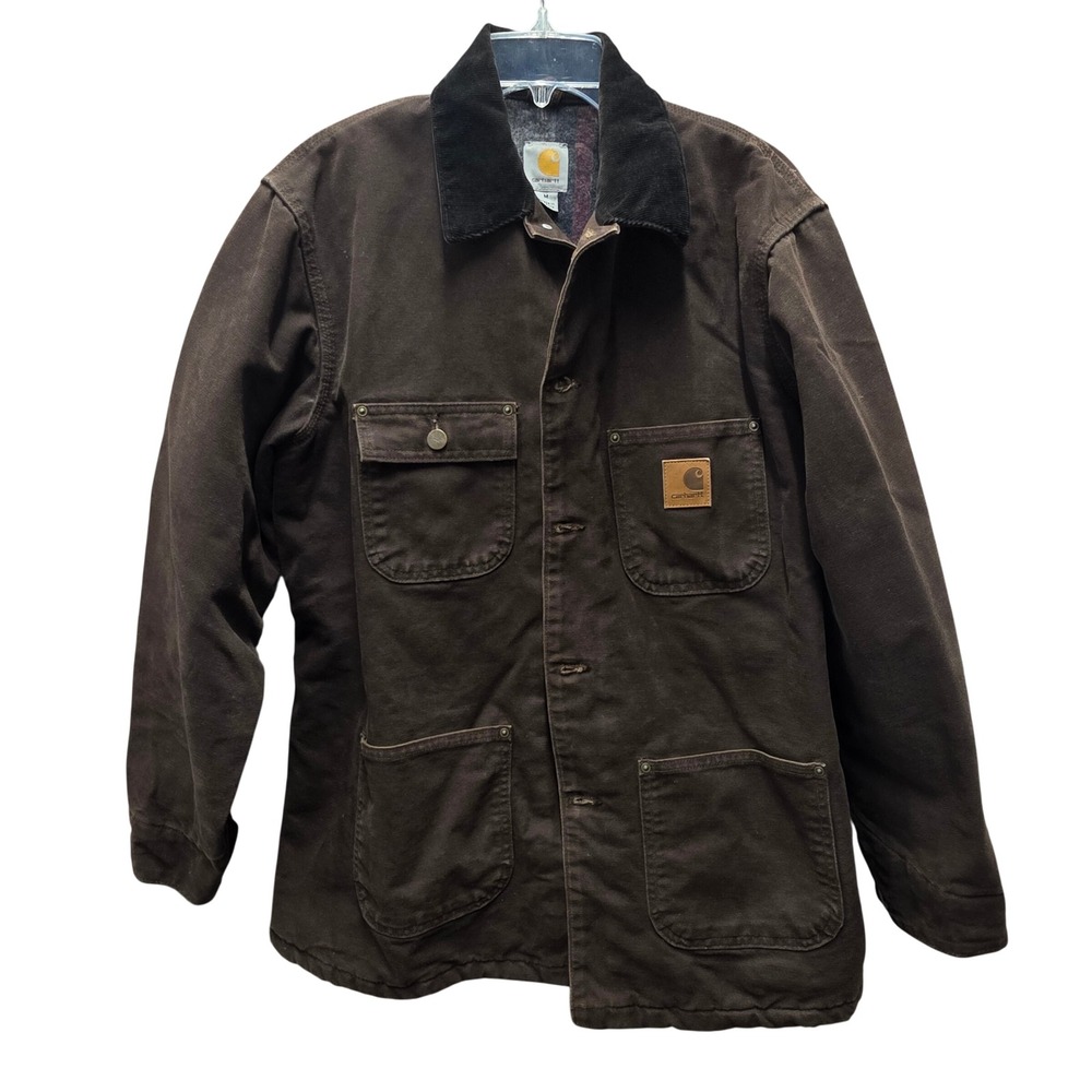 Vintage Carhartt C02 DKB Dark Brown Duck Canvas Blanket Lined Chore Coat Mens M